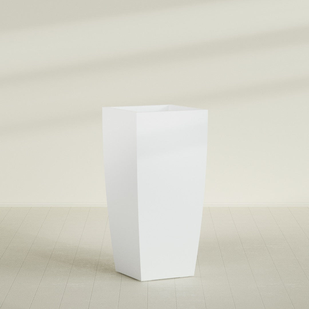 Toulan Tapered Square Planter in Matte Bright White, 28"W × 60"H, shown empty