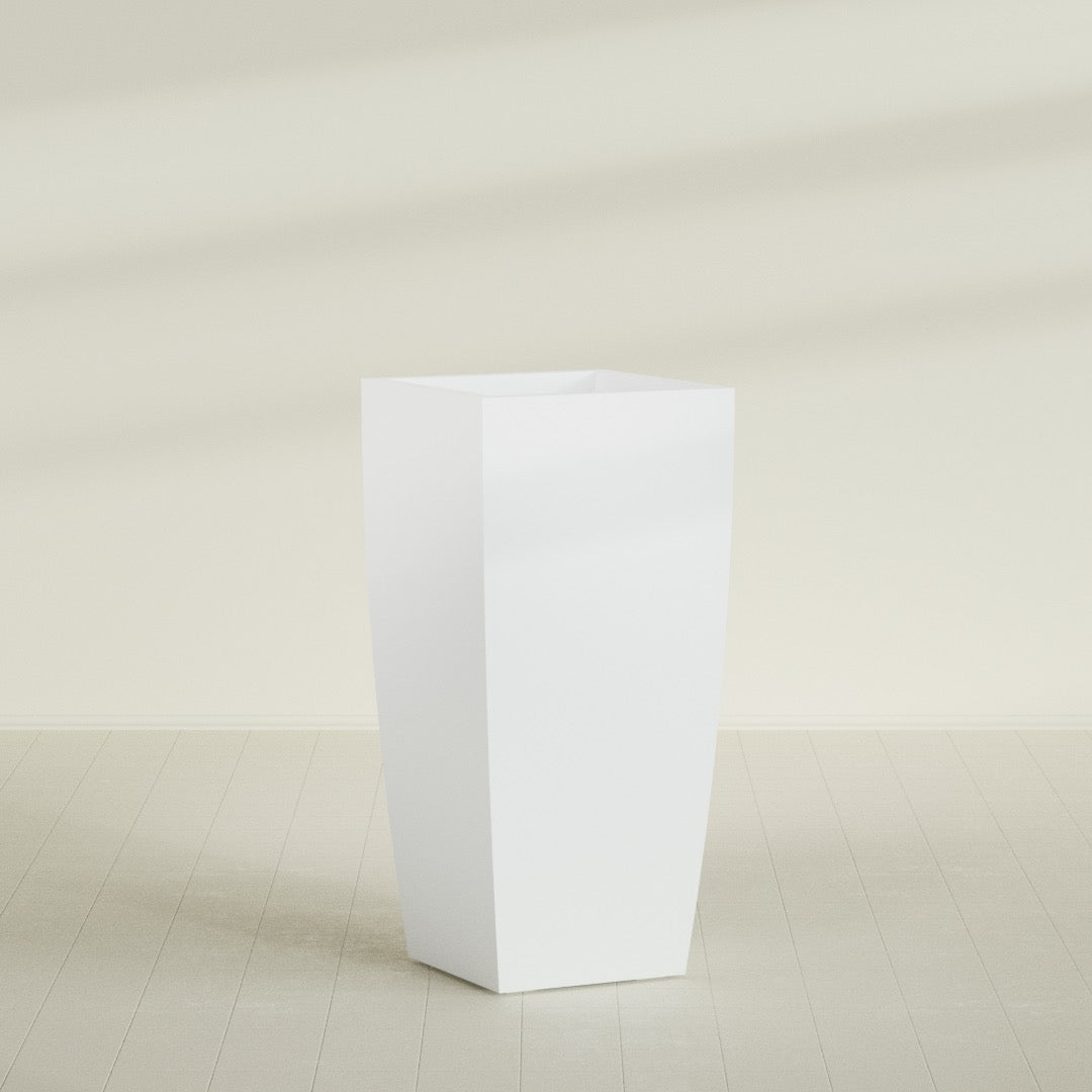 Toulan Tapered Square Planter in Matte Bright White, 28"W × 60"H, shown empty