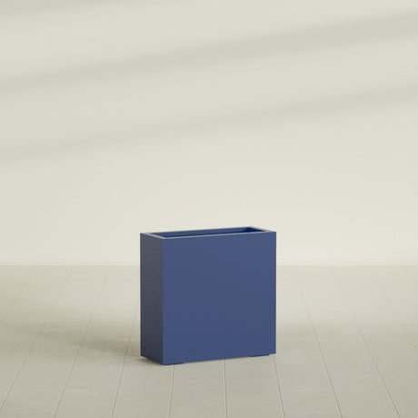Milano Narrow Rectangular Planter in Matte Cobalt Blue, 24"L × 10"D × 24"H, shown empty