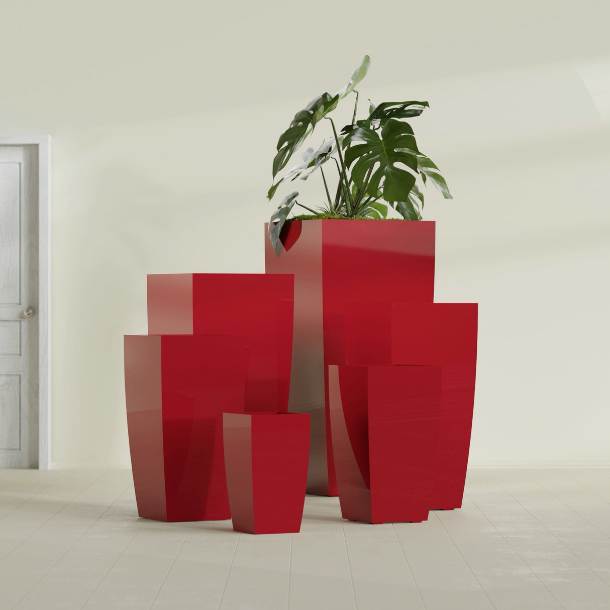 Toulan Tapered Square fiberglass planter in Gloss Red, size range, in a sunlit interior
