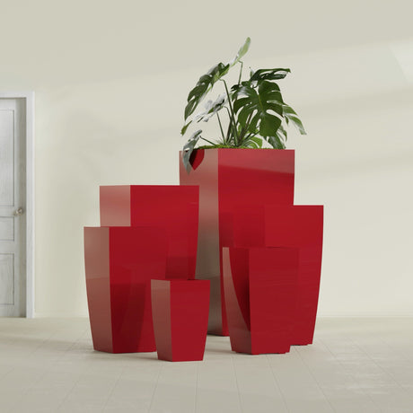 Toulan Tapered Square fiberglass planter in Gloss Red, size range, in a sunlit interior