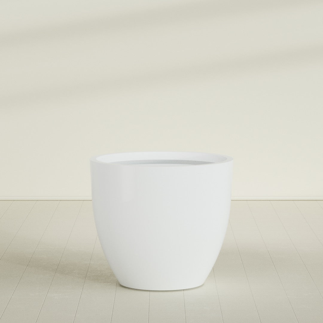 Wannsee Round Planter in Matte Bright White, 50"D × 44"H, shown empty