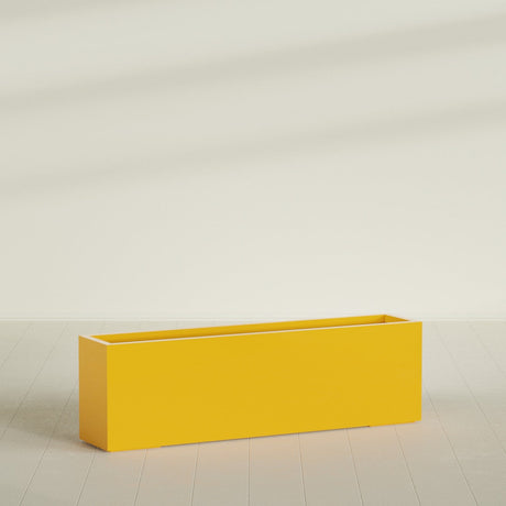 Miami Narrow Rectangular Planter in Gloss Saffron, 60"L × 12"D × 18"H, shown empty