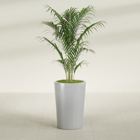 Tegel Round Tapered fiberglass planter in Metallic Silver, shown planted, in a sunlit interior