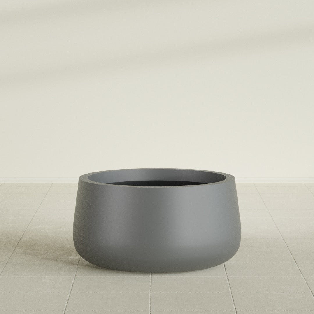 Short Hayden Bowl Planter in Matte Gunmetal, 20"D × 10"H, shown empty