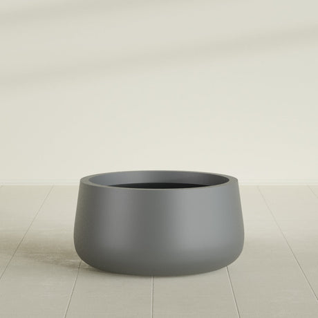 Short Hayden Bowl Planter in Matte Gunmetal, 20"D × 10"H, shown empty