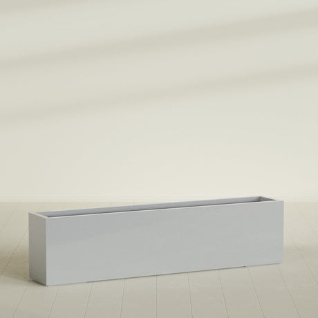 Miami Narrow Rectangular Planter in Metallic Silver, 72"L × 12"D × 18"H, shown empty