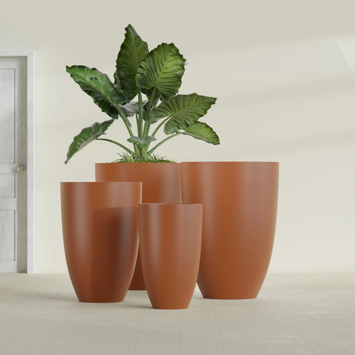 Brannan Tapered Round fiberglass planter in Matte Terra Cotta, size range, in a sunlit interior