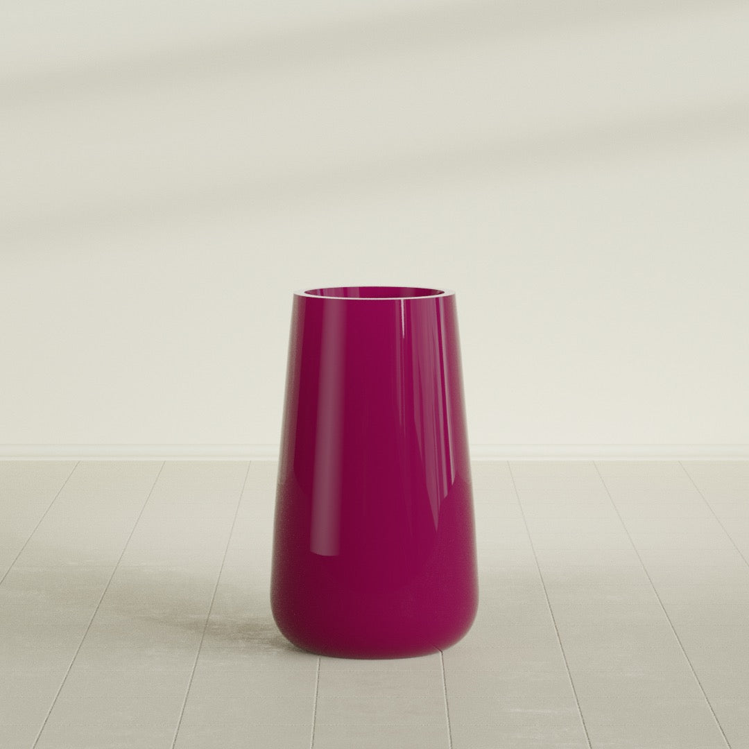 Saigon Tapered Round Planter in Gloss Eggplant, 19"D × 42"H, shown empty