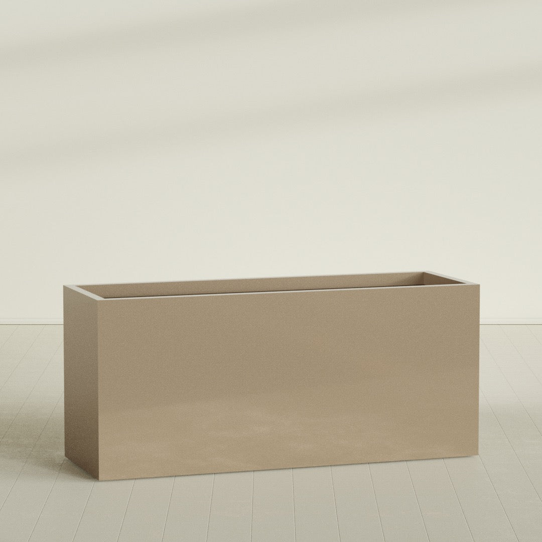 Brisbane Rectangular Planter in Gloss Metallic Gold, 72"L × 24"D × 32"H, shown empty