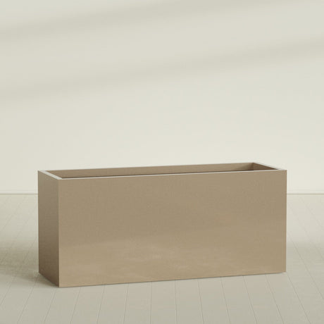 Brisbane Rectangular Planter in Gloss Metallic Gold, 72"L × 24"D × 32"H, shown empty