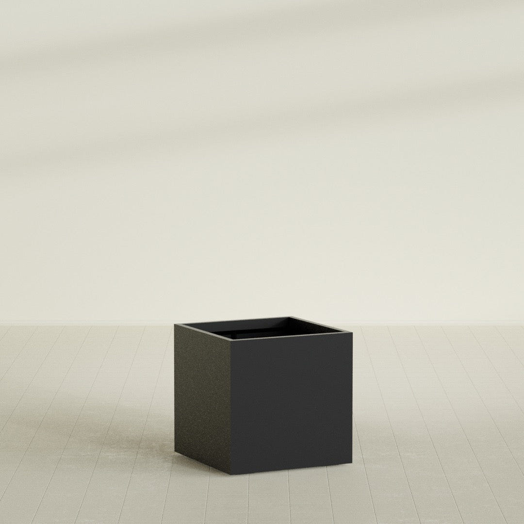 Montroy Cube Planter in Matte Black, 32", shown empty
