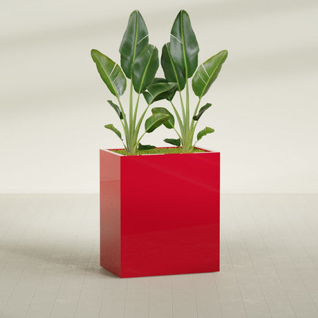 Darwin rectangular fiberglass planter in Gloss Red, planted, in a sunlit interior