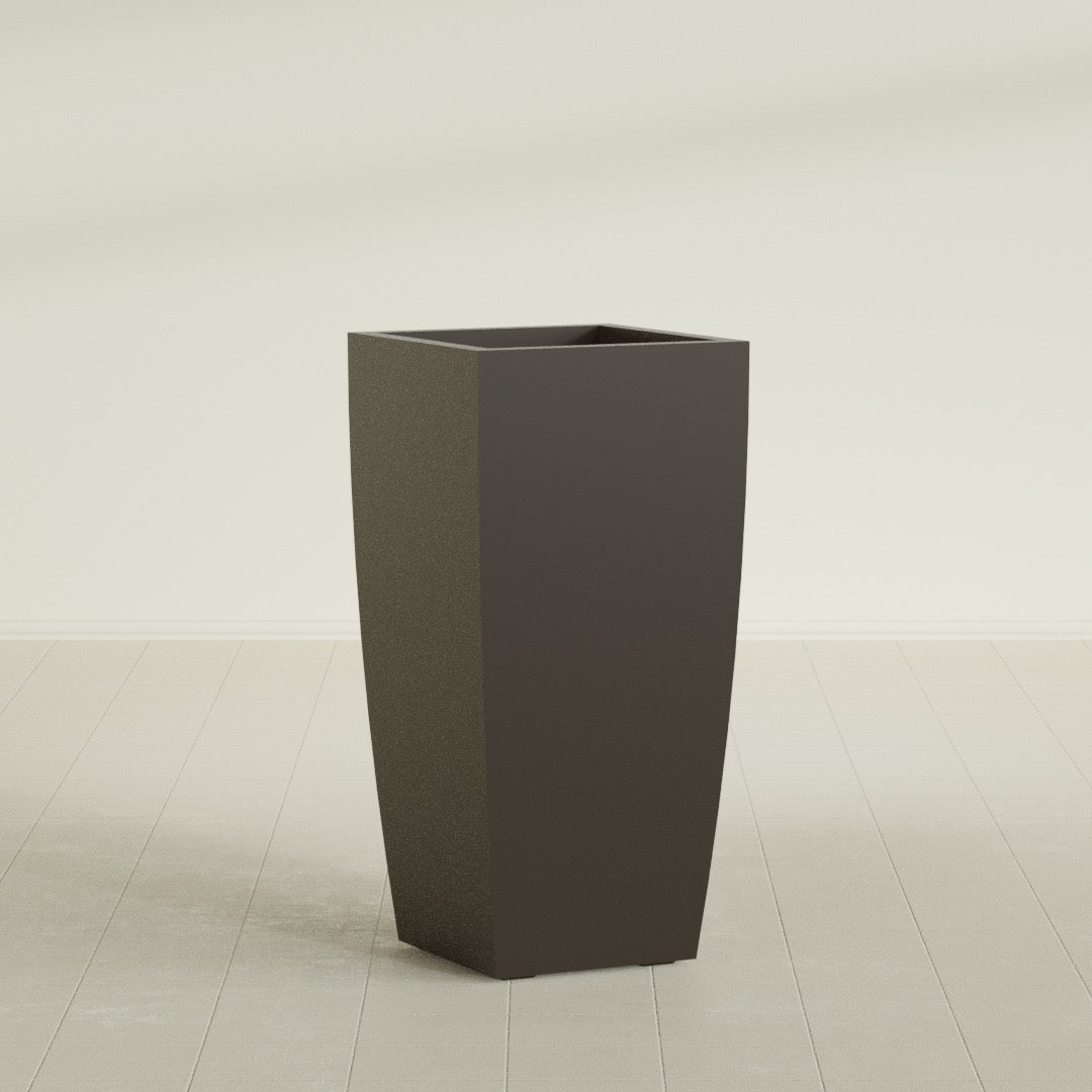 Toulan Tapered Square Planter in Matte Dark Brown, 20"W × 42"H, shown empty