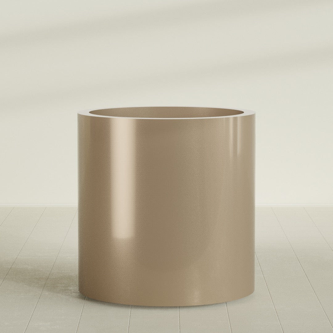 Rio Grande Cylinder Planter in Gloss Metallic Gold, 30"D × 32"H, shown empty