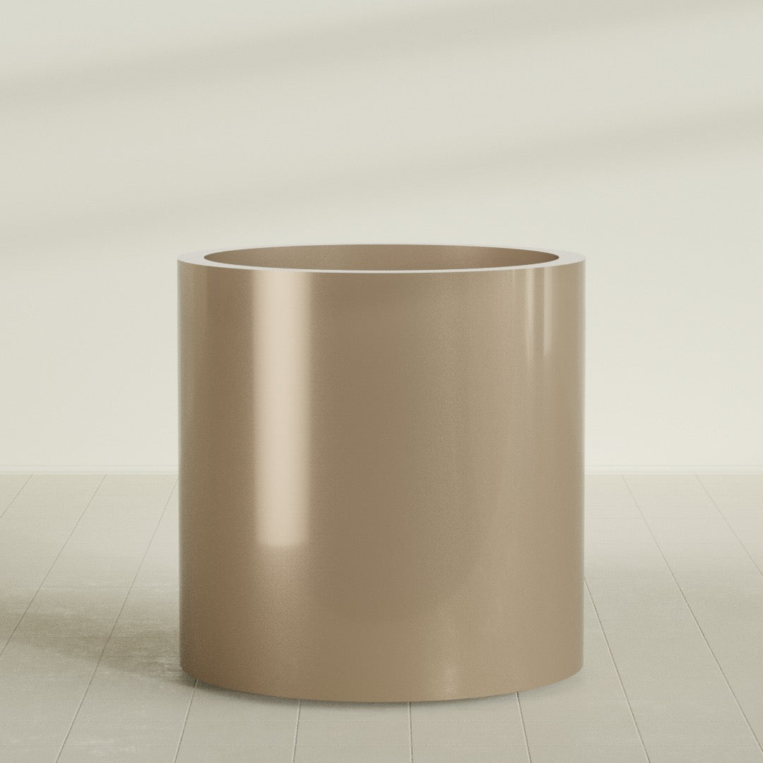 Rio Grande Cylinder Planter in Gloss Metallic Gold, 30"D × 32"H, shown empty