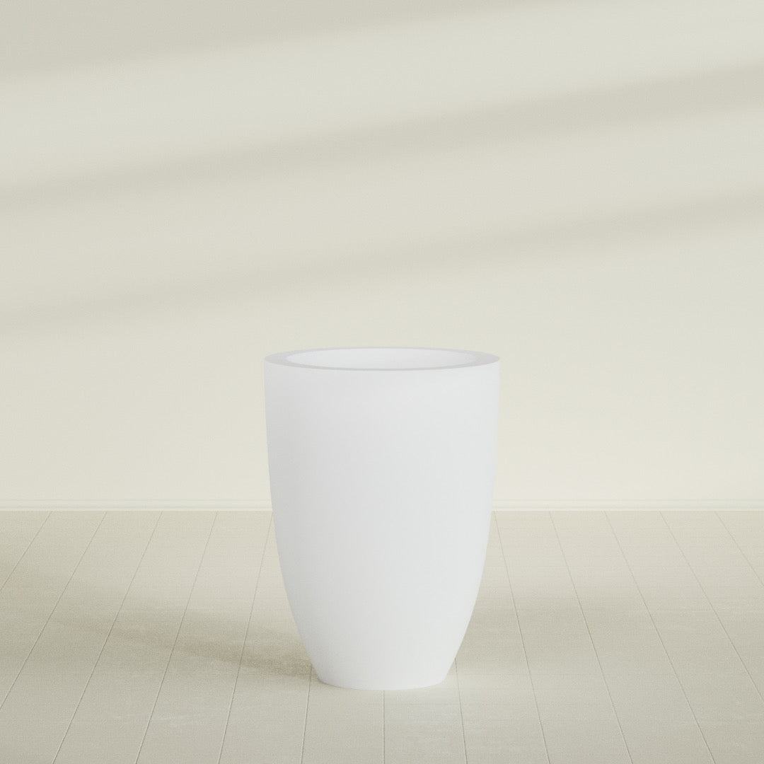 Brannan Tapered Round Planter in Gloss Bright White, 30"D × 41"H, shown empty