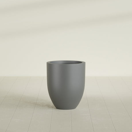Valencia Tapered Round Planter in Matte Gunmetal, 20"D × 23"H, shown empty
