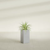 Hollywood Corner fiberglass planter in Metallic Silver, shown planted, in a sunlit interior