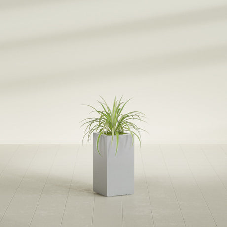 Hollywood Corner fiberglass planter in Metallic Silver, shown planted, in a sunlit interior