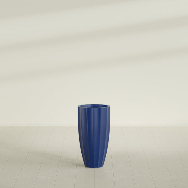 San Jose Tall Fluted Planter in Matte Cobalt Blue, 16"D × 30"H, shown empty