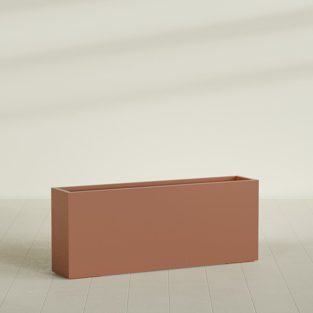 Hollywood Narrow Rectangular Planter in Matte Terra Cotta, 60"L × 12"D × 24"H, shown empty