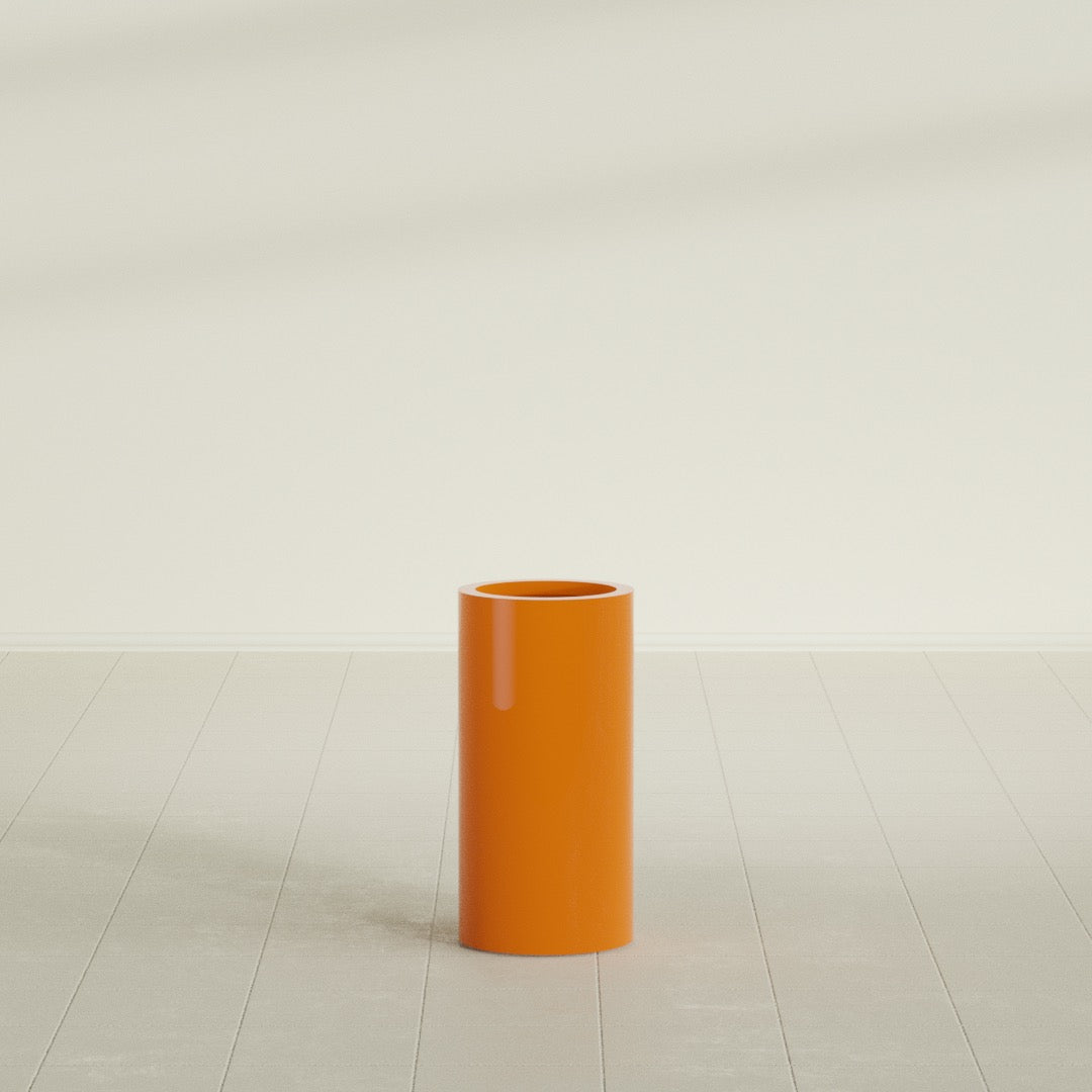 Corry Cylinder Planter in Gloss Tangerine, 10"D × 20"H, shown empty