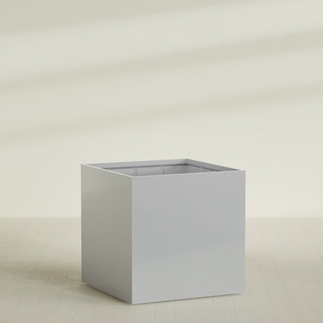 Montroy Cube Planter in Metallic Silver, 60", shown empty