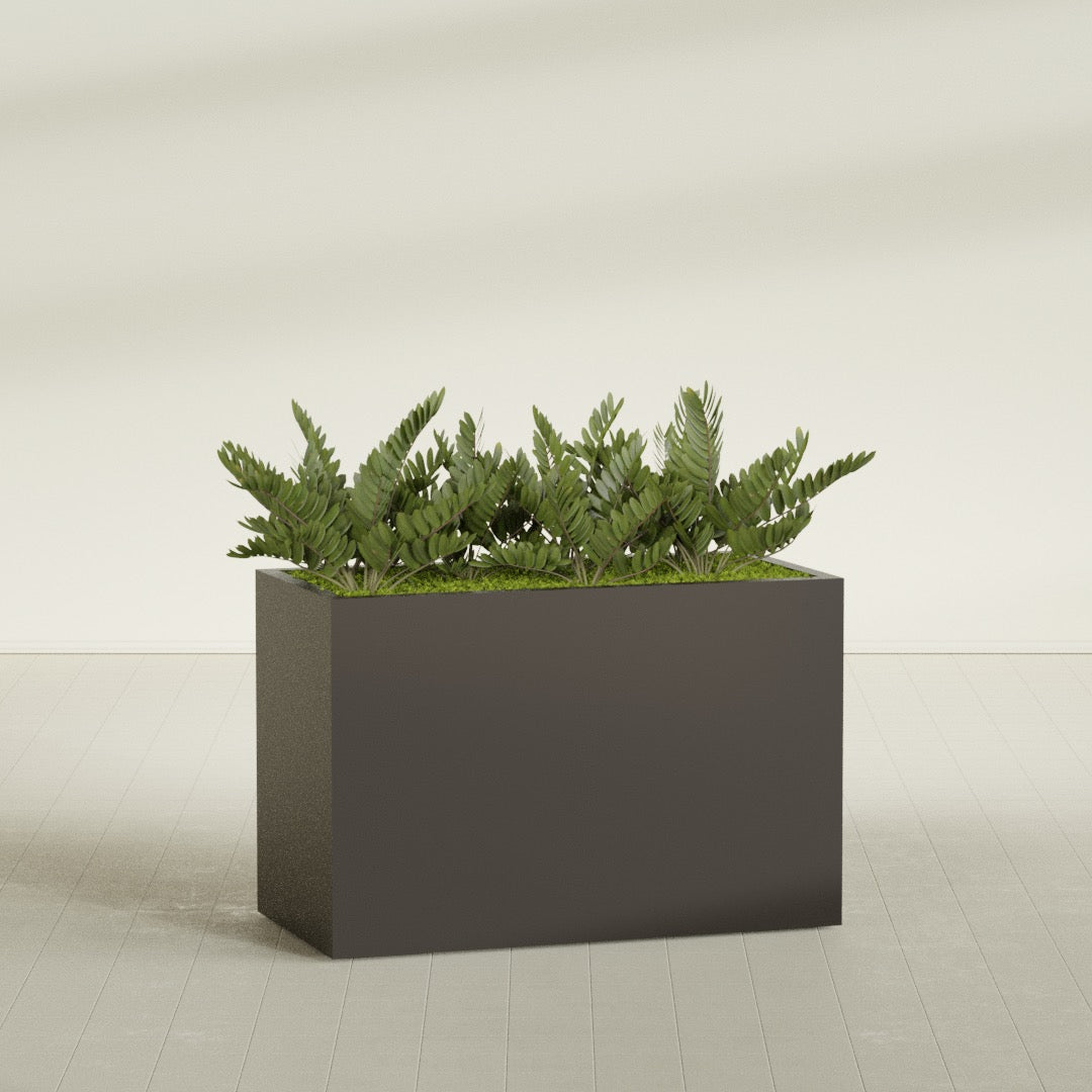 Brisbane Rectangular fiberglass planter in Matte Dark Brown, shown planted, in a sunlit interior
