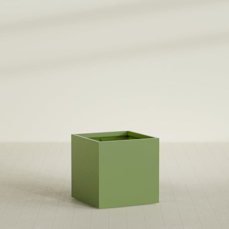 Montroy Cube Planter in Satin Green, 36", shown empty