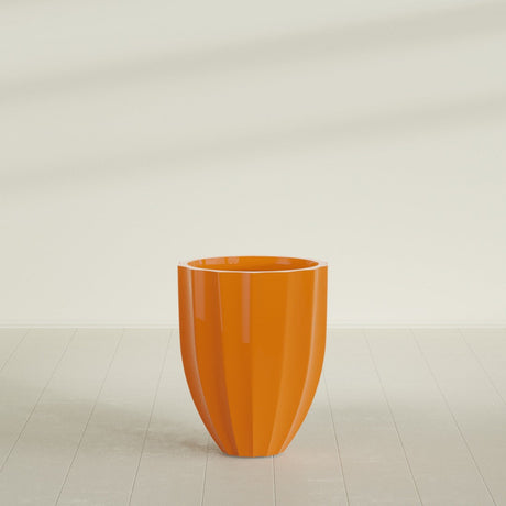 Alicante Fluted Planter in Gloss Tangerine, 22"D × 27"H, shown empty