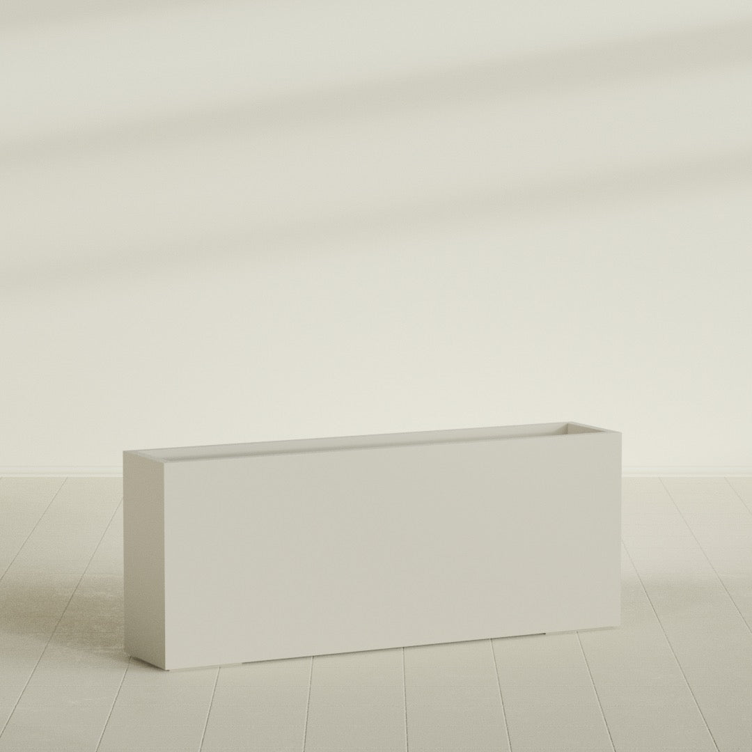 Hollywood Narrow Rectangular Planter in Satin Beige, 60"L × 12"D × 24"H, shown empty