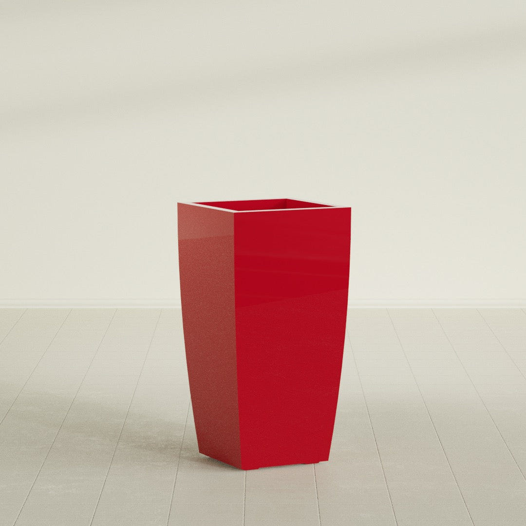Toulan Tapered Square Planter in Gloss Red, 18"W × 36"H, shown empty