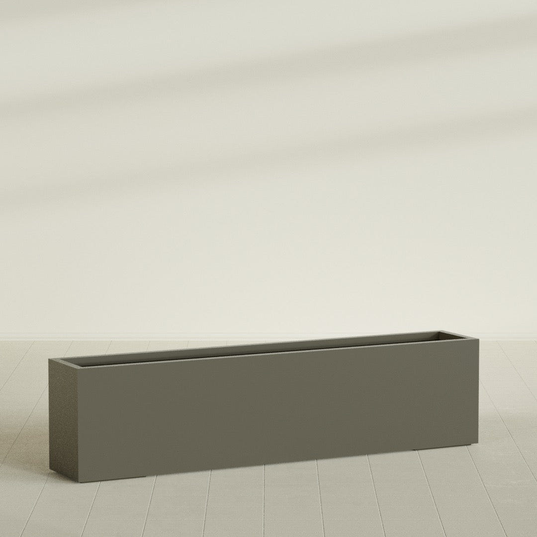 Miami Narrow Rectangular Planter in Matte Bronze, 72"L × 12"D × 18"H, shown empty