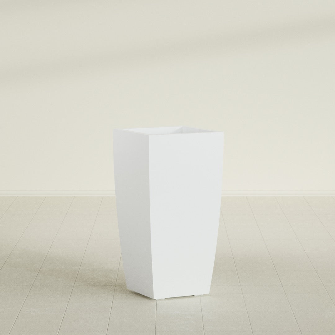 Toulan Tapered Square Planter in Matte Bright White, 18"W × 36"H, shown empty