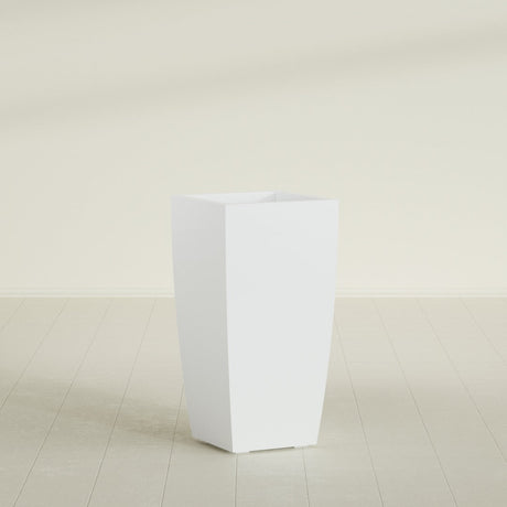 Toulan Tapered Square Planter in Matte Bright White, 18"W × 36"H, shown empty