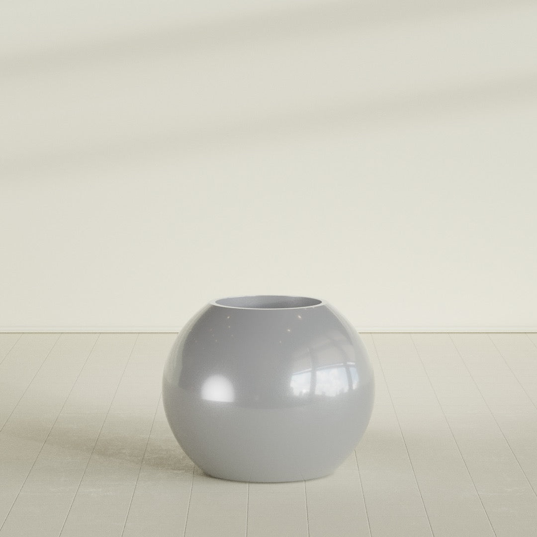 Globe Planter in Metallic Silver, 30"D × 24"H, shown empty