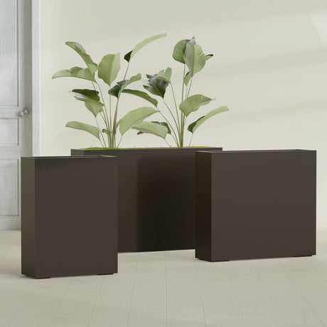 Amesbury Narrow Rectangular fiberglass planter in Matte Dark Brown, size range, in a sunlit interior