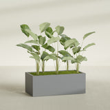 Torino Wide Rectangular fiberglass planter in Matte Gunmetal, shown planted, in a sunlit interior