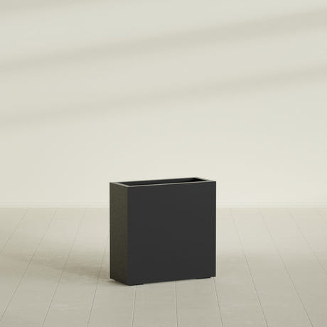 Milano Narrow Rectangular Planter in Matte Black, 24"L × 10"D × 24"H, shown empty