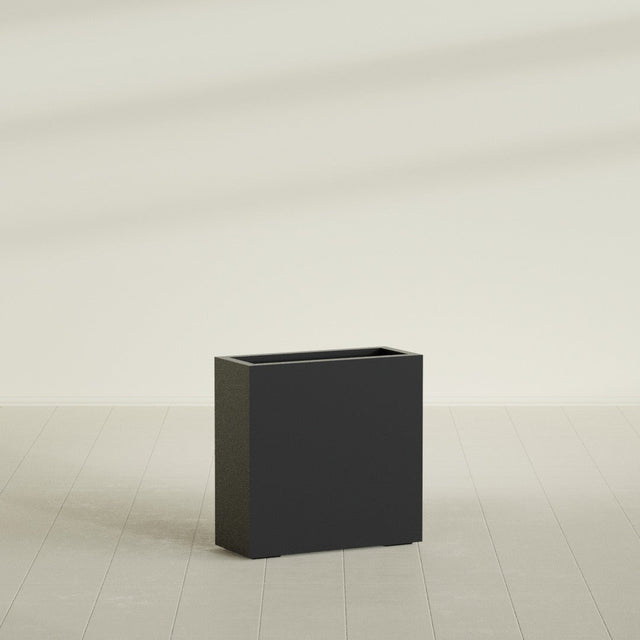 Milano Narrow Rectangular Planter in Matte Black, 24"L × 10"D × 24"H, shown empty