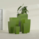 Toulan Tapered Square fiberglass planter in Satin Green, size range, in a sunlit interior