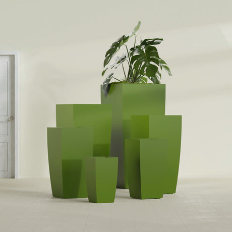 Toulan Tapered Square fiberglass planter in Satin Green, size range, in a sunlit interior