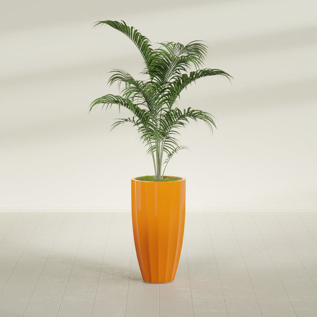 San Jose Tall Fluted fiberglass planter in Gloss Tangerine, planted, in a sunlit interior