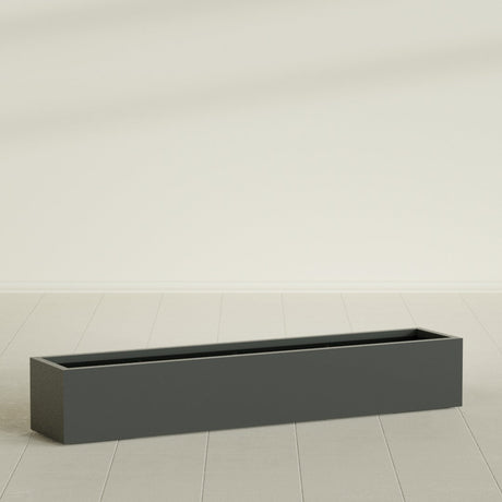 Cuba Low Rectangular Planter in Matte Charcoal, 72"L × 14"D × 12"H, shown empty