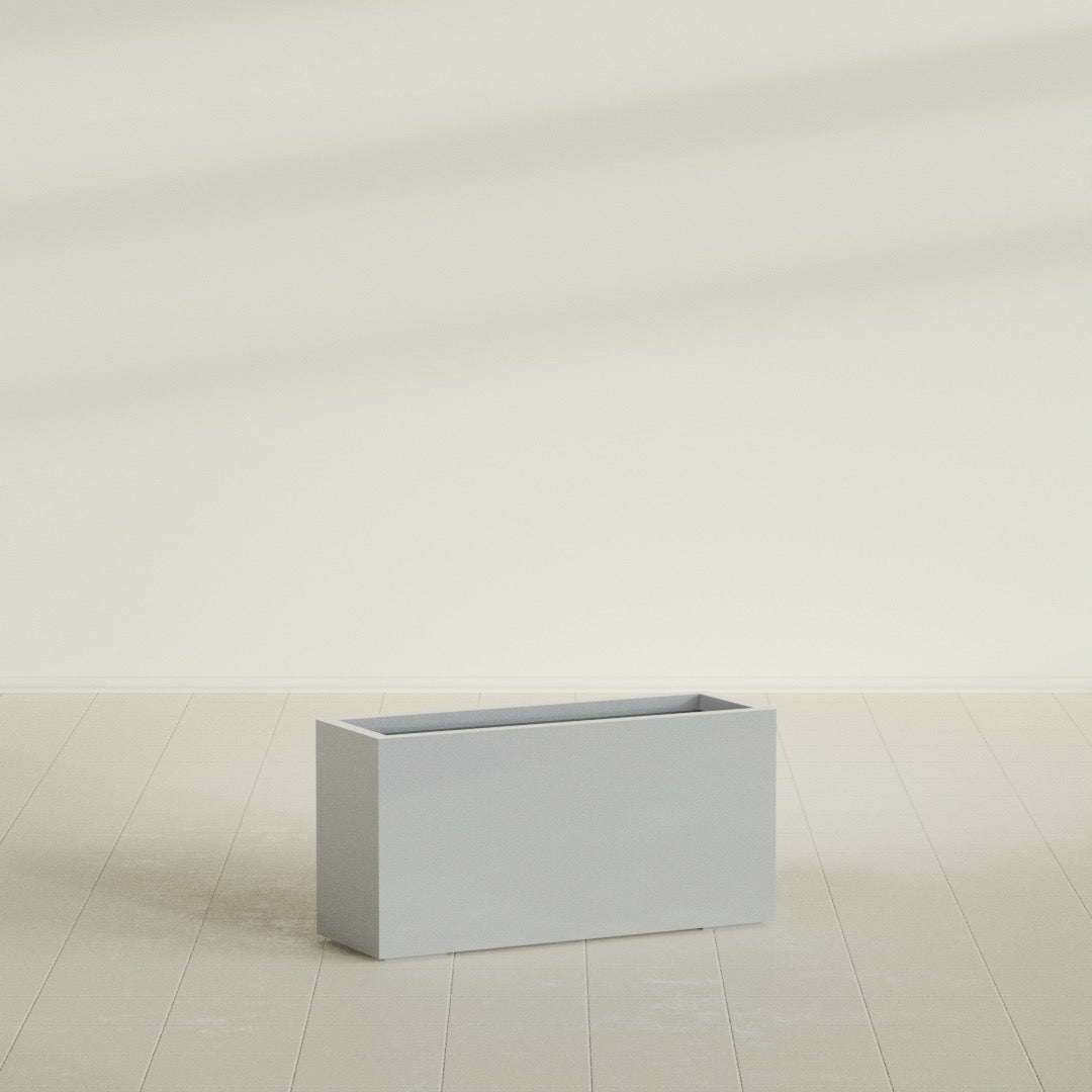 Hollywood Narrow Rectangular Planter in Metallic Silver, 36"L × 12"D × 24"H, shown empty