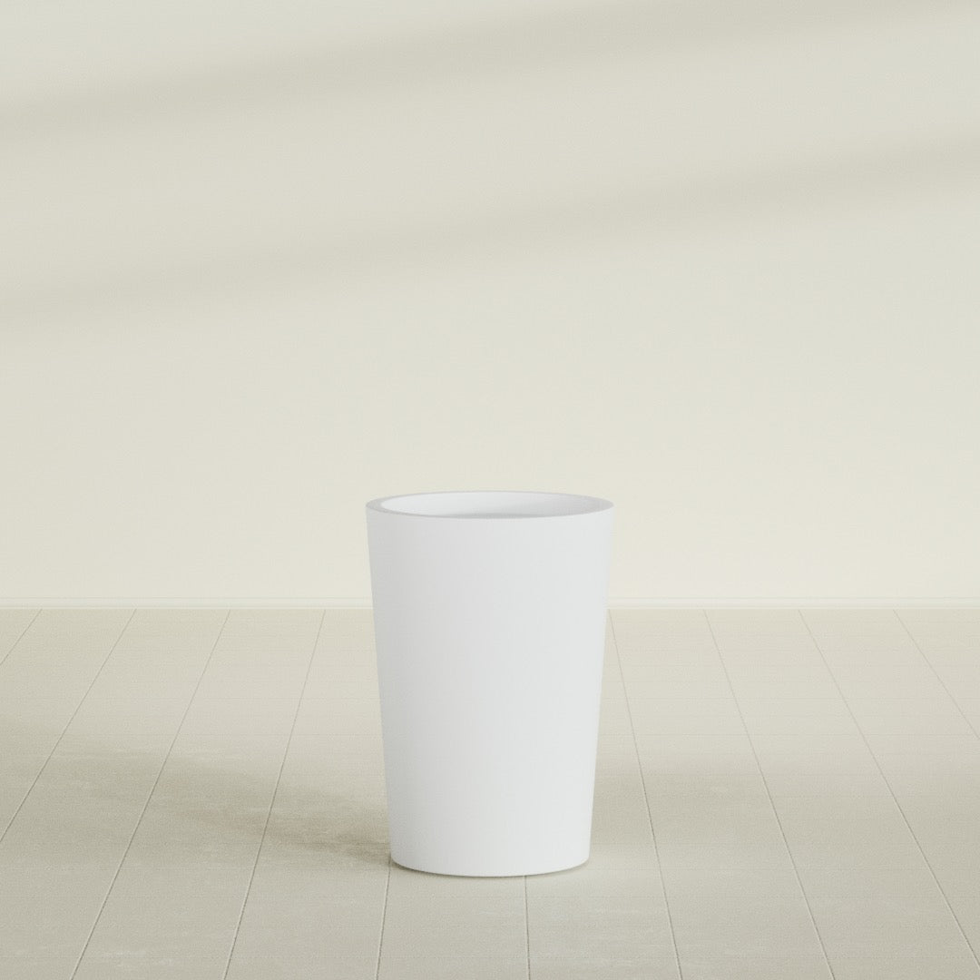 Tegel Round Tapered Planter in Gloss Bright White, 18"D × 26"H, shown empty