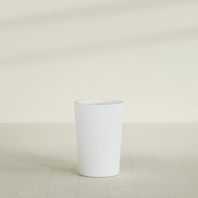 Tegel Round Tapered Planter in Gloss Bright White, 18"D × 26"H, shown empty