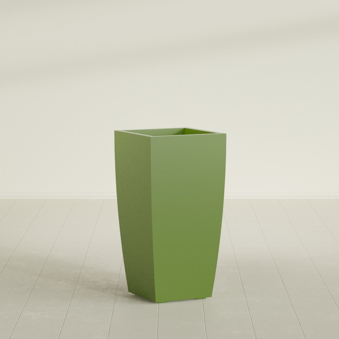 Toulan Tapered Square Planter in Satin Green, 18"W × 36"H, shown empty