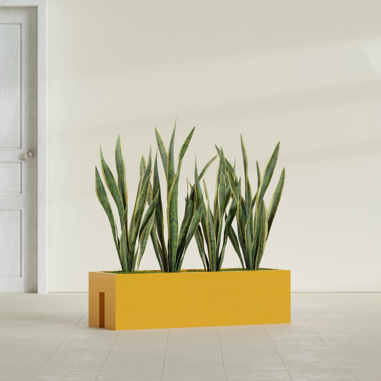 Tiergarden Railing fiberglass planter in Gloss Saffron, shown planted, in a sunlit interior